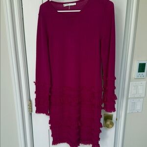 Gorgeous Trina Turk Merino Wool Fuchsia Long Sleeve Dress with Fringe Details!